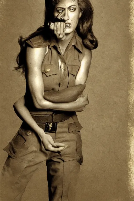 Prompt: lady jaye from g. i. joe, portrait, full body, symmetrical features, silver iodide, 1 8 8 0 photograph, sepia tone, aged paper, sergio leone, master prime lenses, cinematic