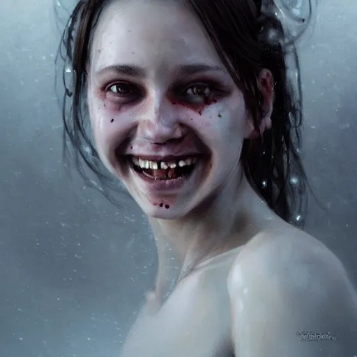 Prompt: epic portrait of a beautiful girl with an unnaturally wide smile, high detail, horror smile, sharp focus, beautiful!, scary!, bloody, dewy skin, ethereal, painting, concept art, warm lighting, greg rutkowski