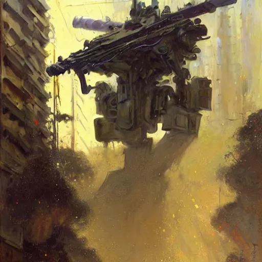 Prompt: six meters tall mech fighting in an urban environment, minigun, by gaston bussiere craig mullins jc leyendecker gustav klimt artgerm greg rutkowski john berkey, bergey, craig mullins, ruan jia, raymond swanland, jeremy mann, tom lovell, alex malveda