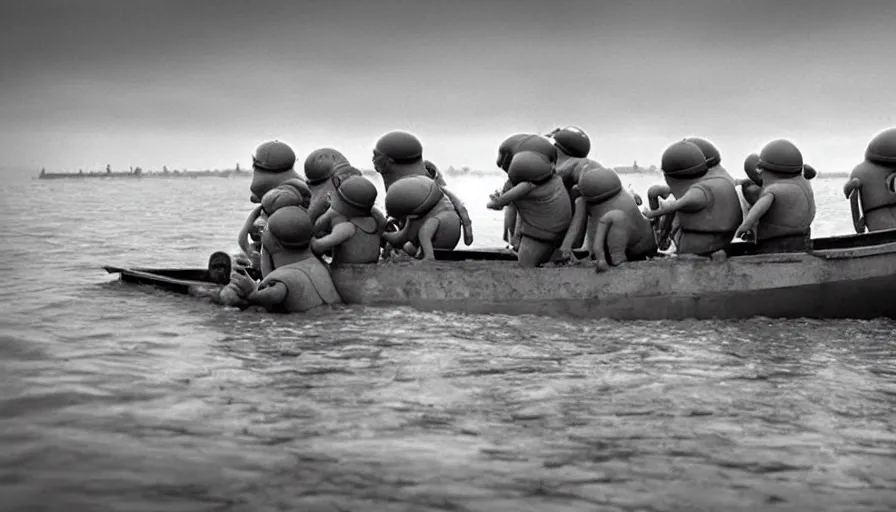 Image similar to “minions jumping out of boat into water on D-Day, 4k, cinematic, award winning”