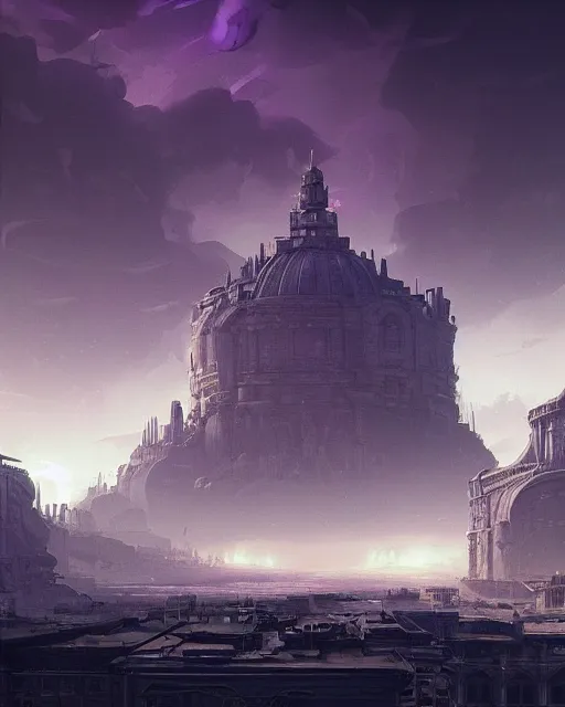 Prompt: the eternal city, alien architecture, purple, environment art, fantasy art, landscape art, in the style of greg rutkowski, illustration, epic, fantasy, intricate, hyper detailed, artstation, concept art, smooth, sharp focus, ray tracing