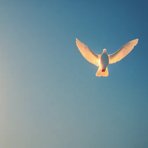 Image similar to Close-up realistic shot of a radiant shining white dove flying over the clouds at sunset, ethereal, vintage photograph, film grain, surreal, awe-inspiring, highly detailed, blue and orange color scheme