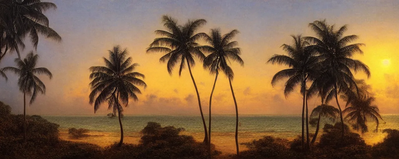 Prompt: surreal oil painting of a sri lankan landscape at sunset, coconut trees in the foreground, ocean sunset in the background, volumetric lighting, volumetric shadows, realistic oil painting by gustave dore, - h 6 4 0,