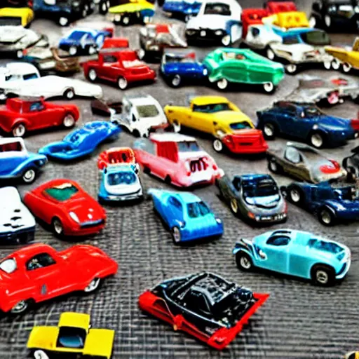 Image similar to a badly lit photo taken by an old phone of a box full of toy cars.