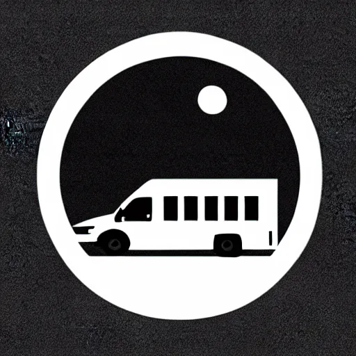 Image similar to very very very minimal vector graphic of a white and black thor chateau motorhome, color highway, mountains and sunset!!, all enclosed in a circle, white background, dramatic, professional minimal graphic design cartoon, award winning