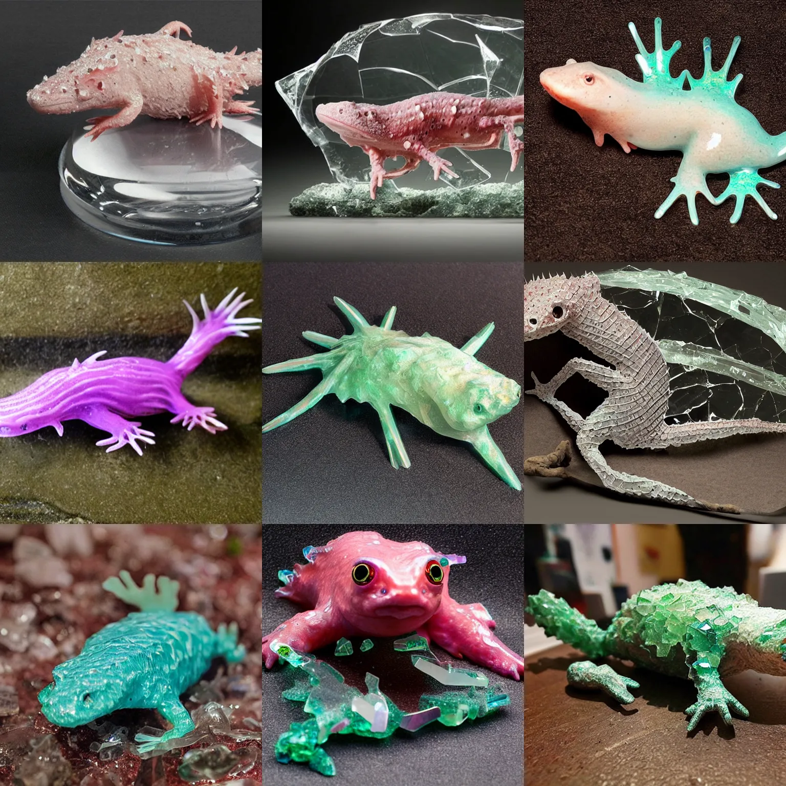 Prompt: an axolotl sculpture made of broken glass, astonishing detail. hyper realistic