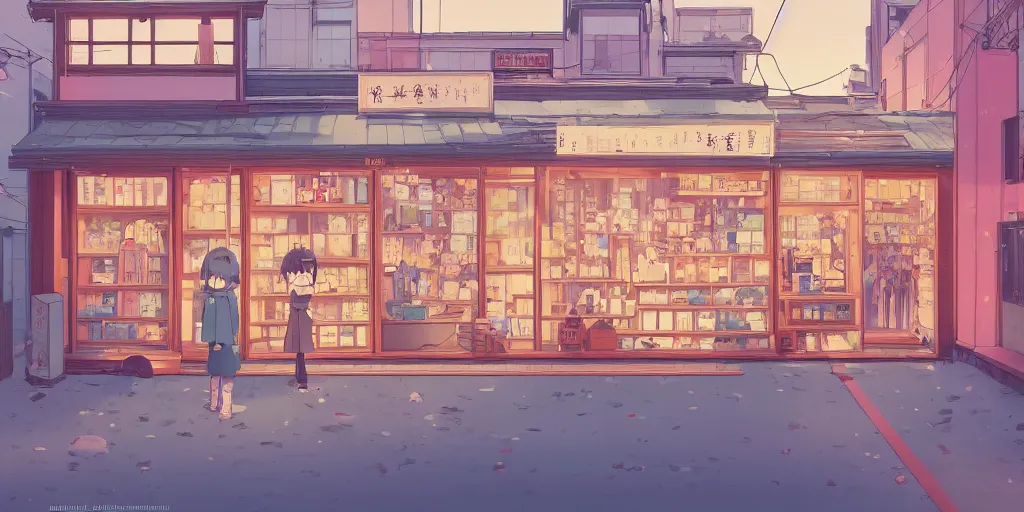 Prompt: beautiful illustration of a small shop window in kyoto on a beautiful sunset, anime manga style, aesthetic, cory loftis, james gilleard, atey ghailan, makoto shinkai, goro fujita, studio ghibli, makoto shinkai, view isometric