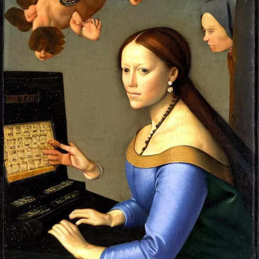 Image similar to Renaissance painting of a royal female cosmonaut using a computer