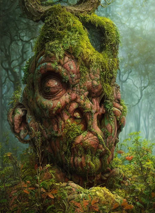 Prompt: Ancient overgrown Statue in a clearing, extremly detailed digital painting, vibrant colors, in the style of Tomasz Alen Kopera and Fenghua Zhong and Peter Mohrbacher, mystical colors, rim light, beautiful lighting, 8k, stunning scene, raytracing, octane, trending on artstation
