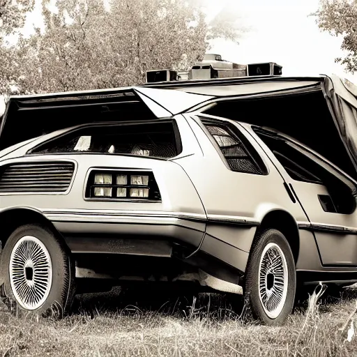 Image similar to a monochromatic sepia photograph of a delorean in a pioneer caravan on the oregon trail, trending on art station,