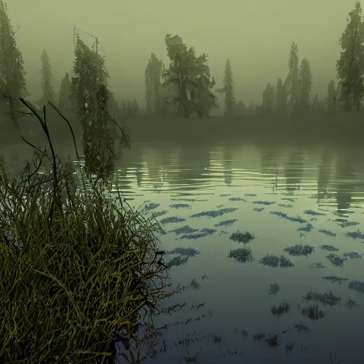 Prompt: artistic swamp with mystic fog, water on the foreground, from horror movies, artstation, low poly vegetation, fisher with fishing rode