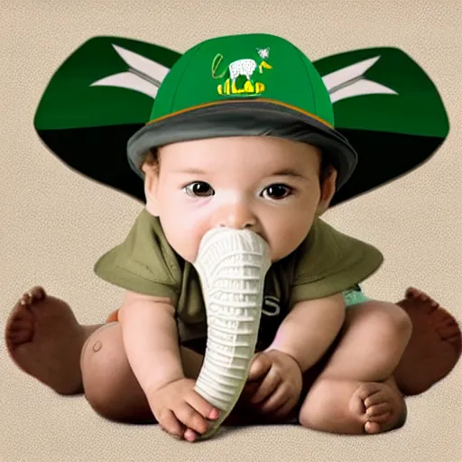 Image similar to baby elephant wearing south africa cricket team hat, digital illustration, south african cricket team