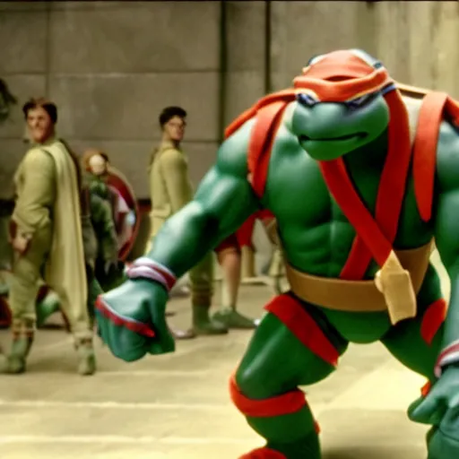 Image similar to film still of michelangelo ( tmnt ) standing on the hindenburg