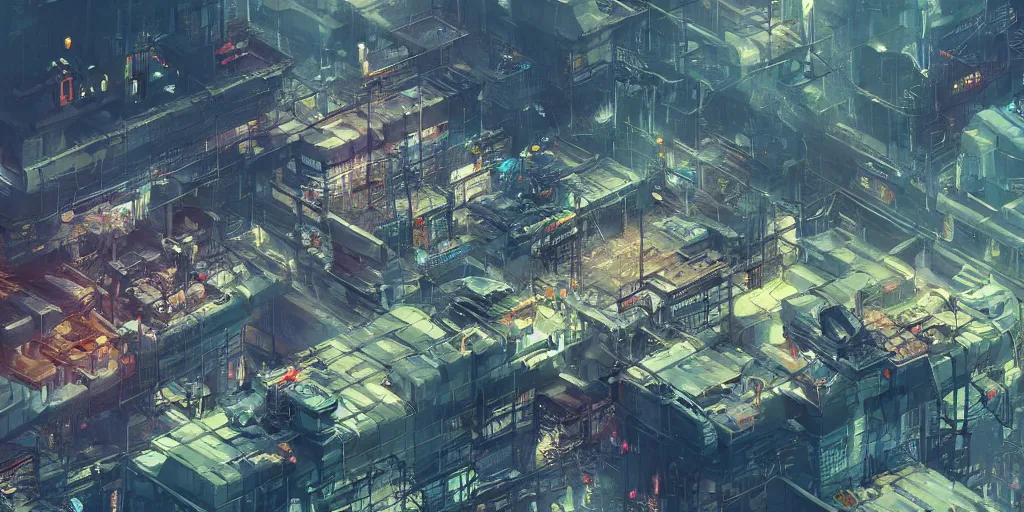 Image similar to isometric view of a cyberpunk factory filled with drone workers, busy, grimy, gritty, blade runner 2 0 4 9, trending on artstation, award winning painting, art by john berkey and anton fadeev and john howe and simon stalenhag