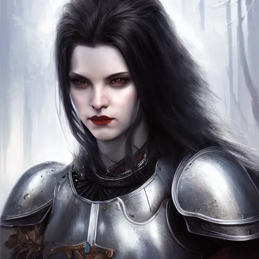 Prompt: head and shoulders portrait of a female knight, black bob hair, evil smirk, white skin, beautiful, ornamental armor, dark fantasy, extremely detailed, smooth sharp focus, realisitc, matte painting, by frank franzzeta, rossdraws, wlop