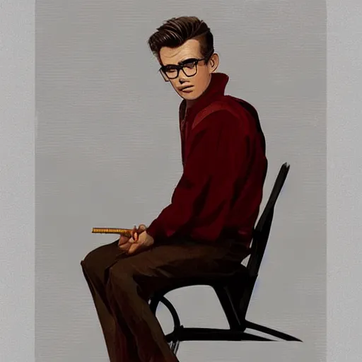 Prompt: a highly detailed epic cinematic concept art CG render digital painting artwork costume design: young James Dean as a neat perfect formal 1950s Soviet student in a school uniform. By Greg Rutkowski, Ilya Kuvshinov, WLOP, Stanley Artgerm Lau, Ruan Jia and Fenghua Zhong, trending on ArtStation, made in Maya, Blender and Photoshop, octane render, excellent composition, cinematic atmosphere, dynamic dramatic cinematic lighting, aesthetic, very inspirational, arthouse