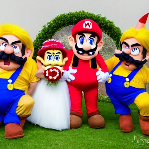 Image similar to Ultra HD photo of a Wario-themed wedding, bride and groom dressed as Wario and Waliuigi, all guests dressed up as Mario characters, award winning wedding photography, 8k resolution, extremely realistic