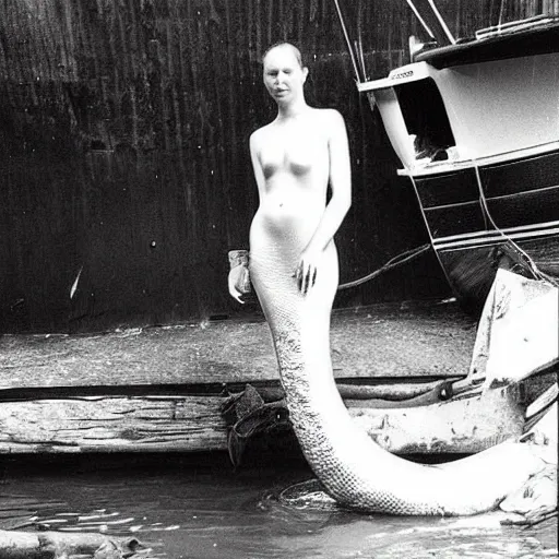 Prompt: “very old photo of mermaid next to boat, black and white”