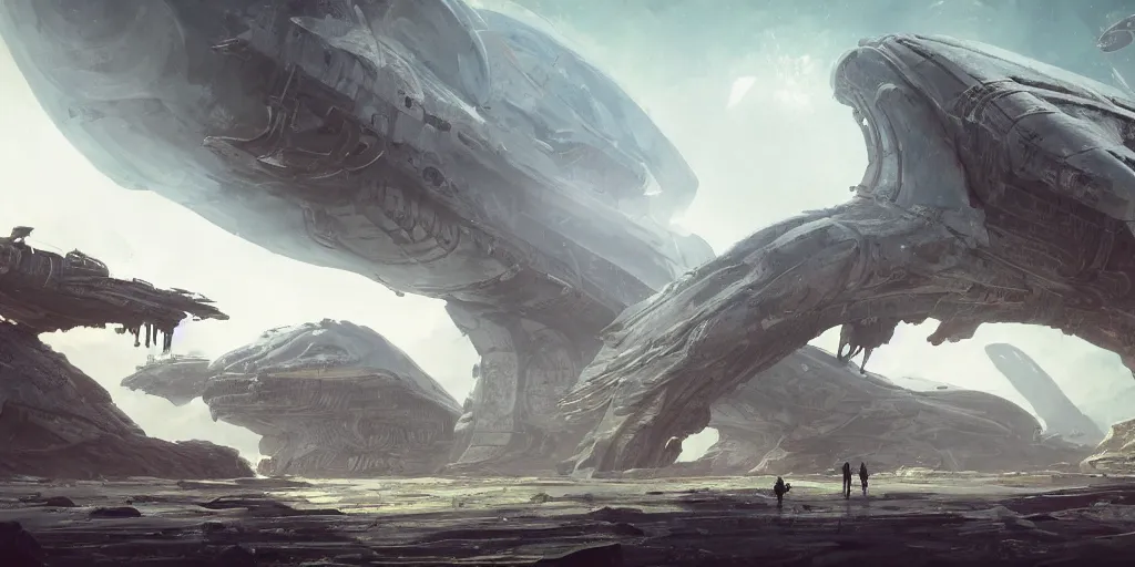 Image similar to a spaceship and the skeleton of a colossal creature on a planet, in the style of wlop and greg rutkowski, illustration, epic, sci - fi, hyper detailed, smooth, unreal engine 5, sharp focus, ray tracing