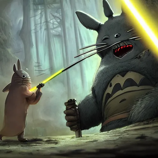 Image similar to totoro jedi slaying a sith lord, intricate detail, royo, klimt, miro, vallejo, frazetta, giger, whealan, hd, unreal engine,