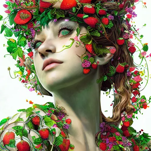 Image similar to the portrait of an absurdly beautiful, graceful, elegant, young woman made of strawberries and green petals looking up, an ultrafine hyperdetailed illustration by kim jung gi, irakli nadar, intricate linework, bright colors, octopath traveler, final fantasy, angular, unreal engine 5 highly rendered, global illumination, radiant light, detailed and intricate environment