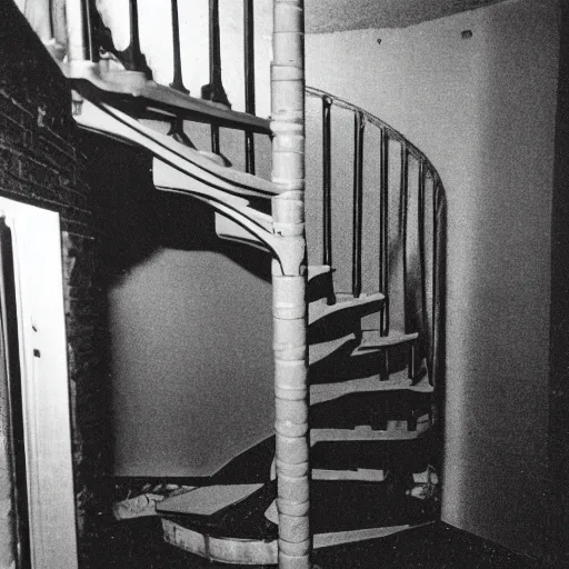 Prompt: found footage of spiral staircase in the basement of a mid - century home descending into darkness, hi - 8 camera, night vision