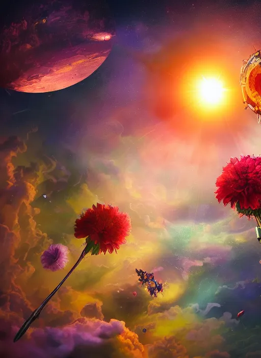 Image similar to An epic fantastic realism comic book style painting of the most beautiful flowers launched into space, bouquets, solar eclipse, fisheye, unreal 5, DAZ, hyperrealistic, octane render, dynamic lighting