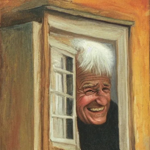 Image similar to the head of a smiling old man seen through a window