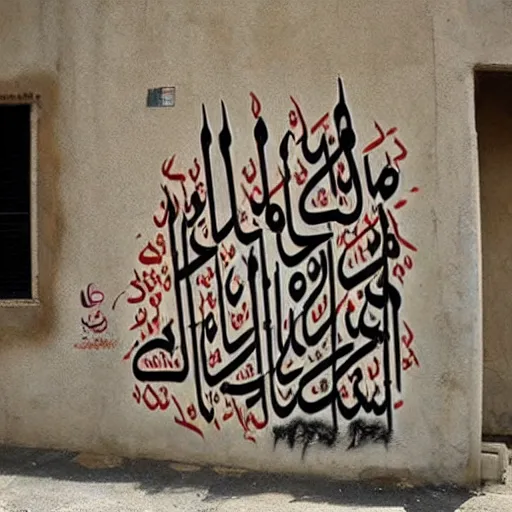 Image similar to arabic calligraphy, transylvanian folk art, in the style of graffiti, made by banksy