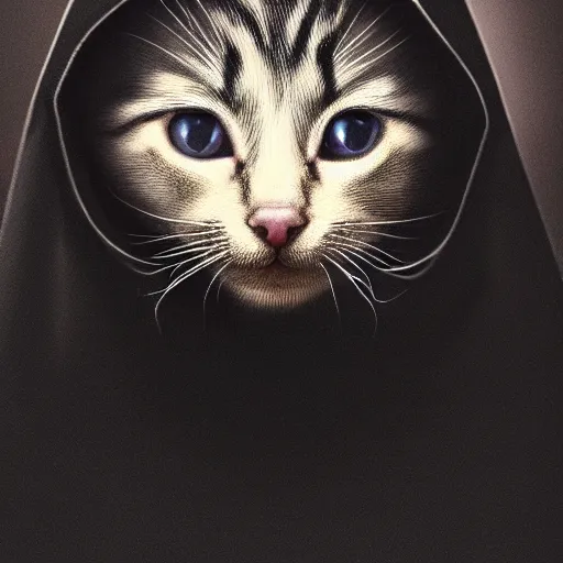 Image similar to a portrait of a kitten wearing a black hood, cloak covering face, anatomically correct, beautiful perfect face, enigmatic, oil painting, matte, black background, Volumetric dynamic lighting, Highly Detailed, Cinematic Lighting, Unreal Engine, 8k, HD, by Beksinski