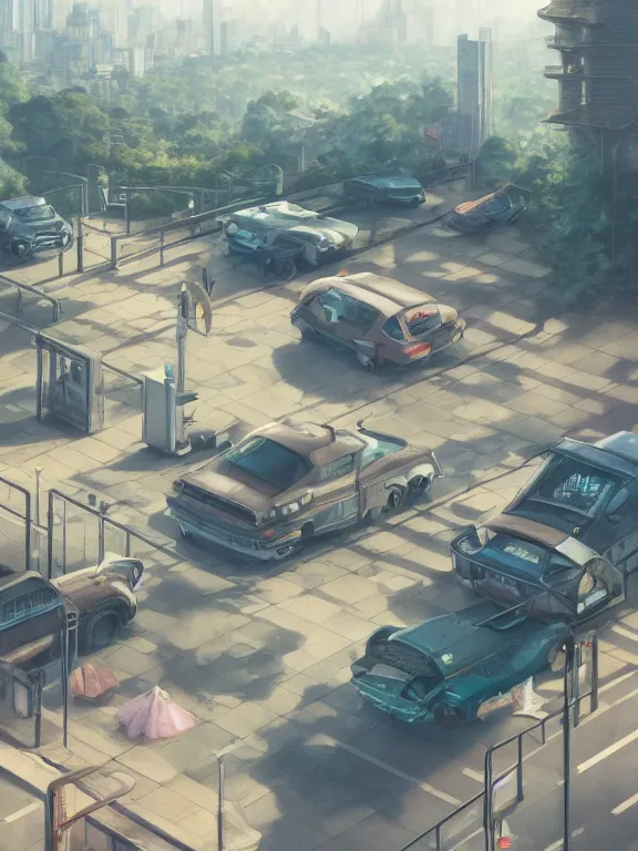 Prompt: A highly detailed matte painting of car park by Studio Ghibli, Makoto Shinkai, by Artgerm, by WLOP, by Greg Rutkowski, volumetric lighting, octane render, 4K resolution, trending on artstation, masterpiece