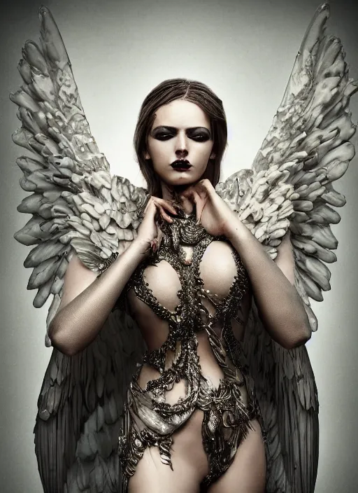 Image similar to expressive full body photo of an angel, glamour shot, by stefan gesell, photorealistic, canon r 3, fashion photography, hyper maximalist, elegant, ornate, luxury, elite, environmental portrait, symmetrical features, octane render, unreal engine, solid dark grey background, dramatic lights