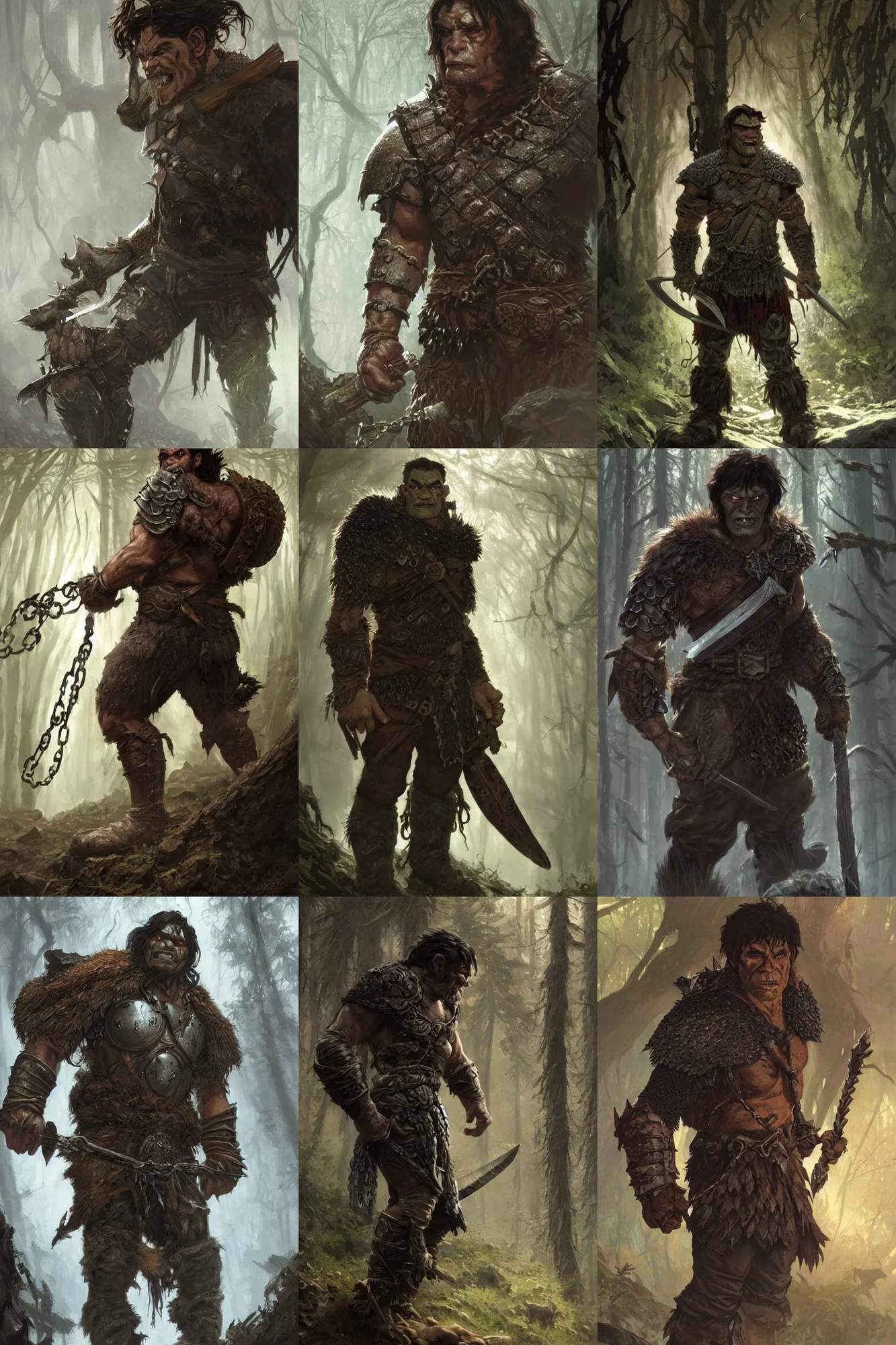 Prompt: a ruggedly handsome half - orc fighter with short brown hair wearing chain mail armor exploring a dark forest, fantasy, highly detailed, digital painting, artstation, concept art, character art, art by greg rutkowski and tyler jacobson and alphonse mucha