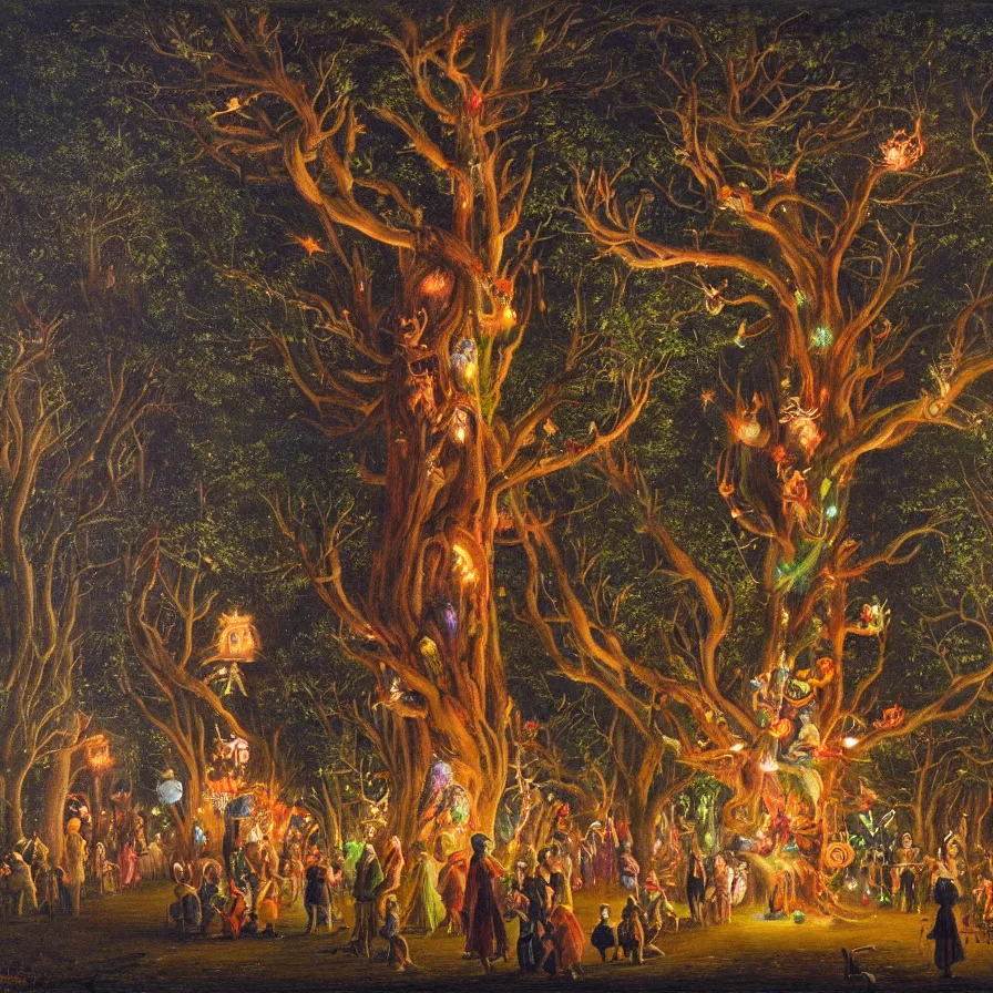 Prompt: a night carnival around a magical tree cavity, with a surreal orange moonlight and fireworks in the background, next to a lake with iridiscent water, christmas lights, folklore animals and people disguised as fantastic creatures in a magical forest by summer night, masterpiece painted by jean - baptiste perronneau, dark night environment