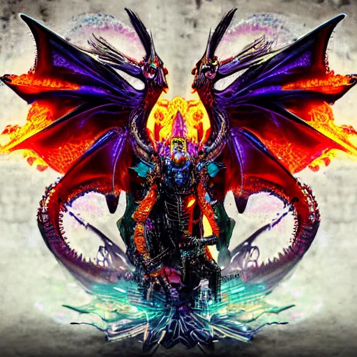 Image similar to cyberpunk dragon made of psychedelic particle effects breathing a flame of clockwork and gears, high detail, glossy finish