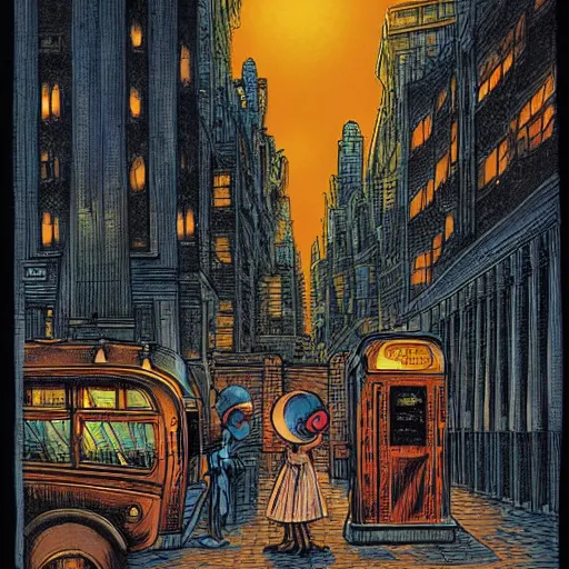 Prompt: some people waiting in bus stop in dark city night, detailed, high quality, high resolution, by don rosa