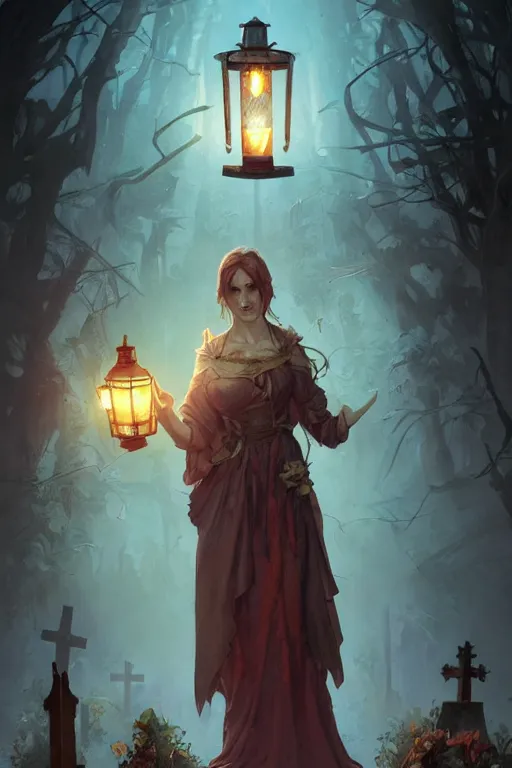 Image similar to cleric holding a lantern in a cemetery surrounded by zombies, highly detailed, digital painting, artstation, concept art, smooth, sharp focus, illustration, art by artgerm and greg rutkowski and alphonse mucha and andrei riabovitchev