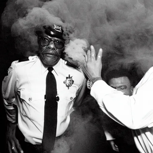 Prompt: samuel jackson getting arrested while exhaling a cloud of smoke, candid photography