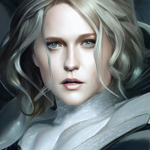 Image similar to full figure ultra realistic illustration, evan rachel wood as emma frost, intricate, elegant, highly detailed, digital painting, artstation, concept art, smooth, sharp focus, illustration, art by artgerm and greg rutkowski and alphonse mucha