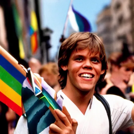 Image similar to rotj luke skywalker goes to pride, getty images, victorious, flags, parade, gay rights, bright smiles, daylight, twenty three year old luke skywalker at gay pride, 3 5 mm photography, played by young mark hamill, very happy, smiling