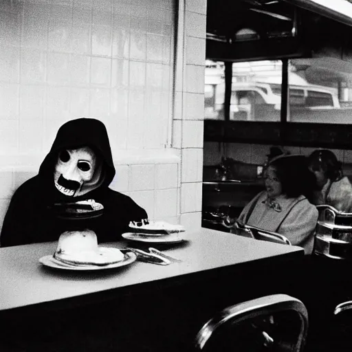 Prompt: A photo of the Grim Reaper enjoying pancakes in a 1950s diner, award-winning photography, by Saul Leiter