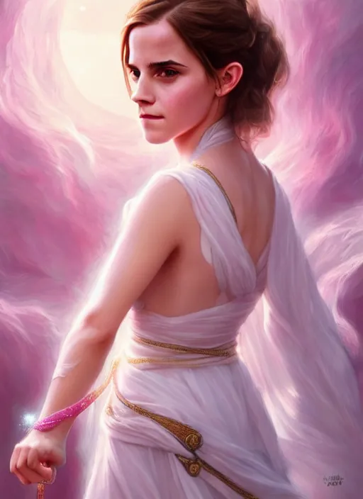 Image similar to emma watson as magic healer goddess, long hair, white and pink cloth, D&D, shiny background, intricate, elegant, highly detailed, digital painting, artstation, concept art, smooth, sharp focus, illustration, artgerm, bouguereau