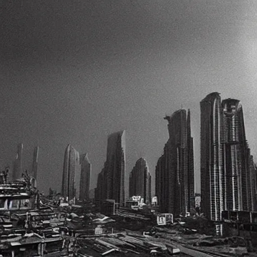 Image similar to old photograph from a alien city, black and white