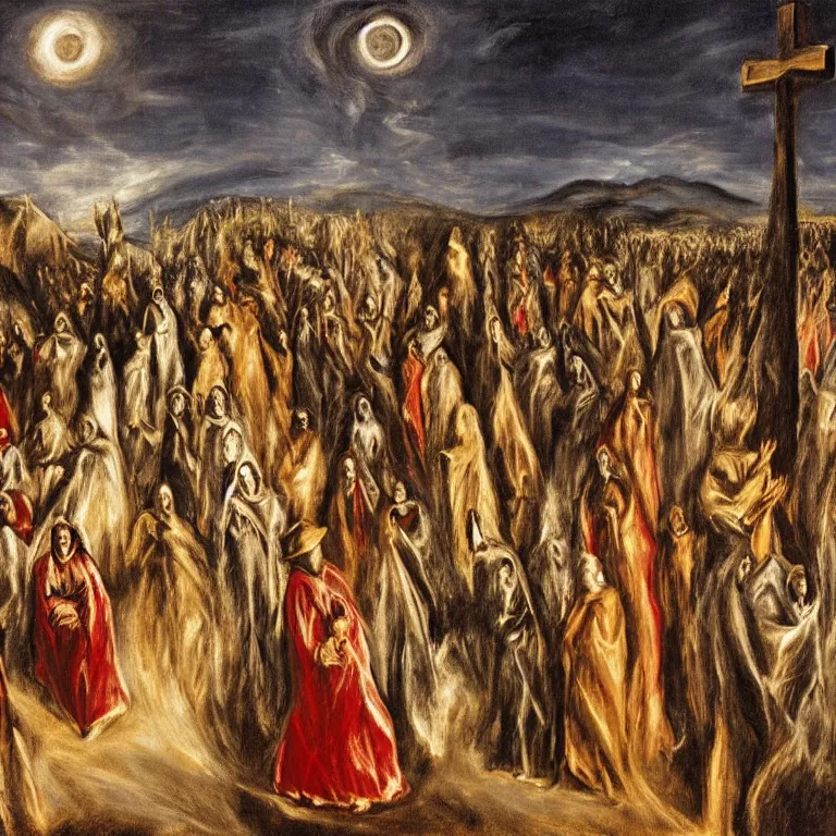 Prompt: A Holy Week procession of souls in a Spanish landscape at night. A figure at the front holds a cross, trending on artstation, 50mm, by El Greco, Remedios Varo y Salvador Dali.