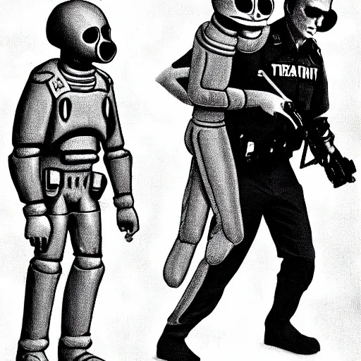 Prompt: extraterrestrial alien with big head and skinny body, being arrested by special forces