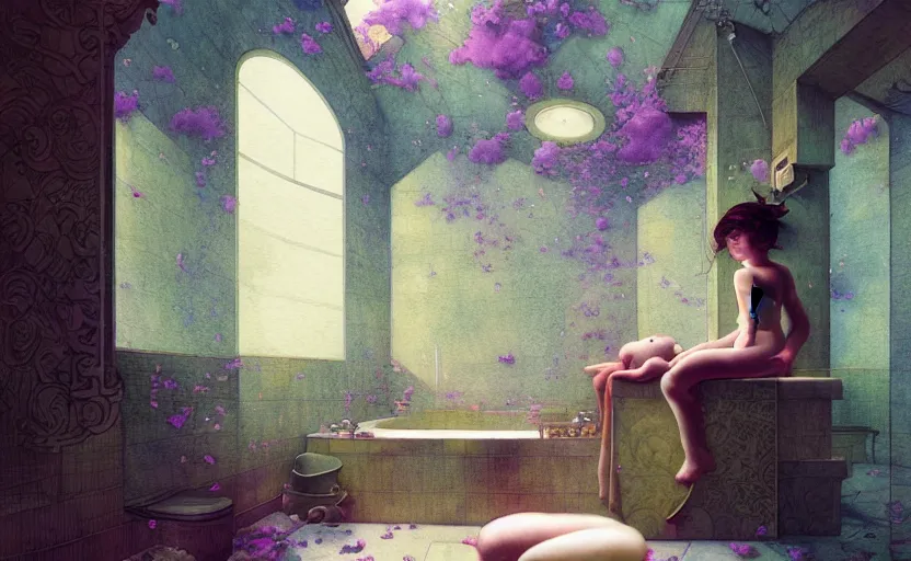 Prompt: bathroom, fantasy. intricate, amazing composition, colorful watercolor, by ruan jia, by maxfield parrish, by marc simonetti, by hikari shimoda, by robert hubert, by zhang kechun, illustration, gloomy