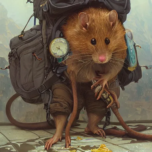 Prompt: hyperdetailed portrait of a rat wearing an enormous adventure's backpack. highly detailed portrait, digital painting, sharp focus illustration, artstation hq. intricate, elegant. wlop, greg rutkowski, alphonse mucha, medium shot. dan mumford andrei riabovitchev, marc simonetti, yoshitaka amano