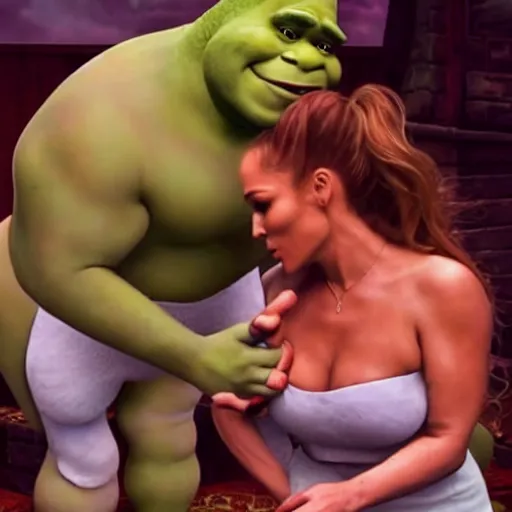 Image similar to shrek kissing jennifer lopez, realistic, cctv chest cam, ultra detailed, 😂🎉💩💨