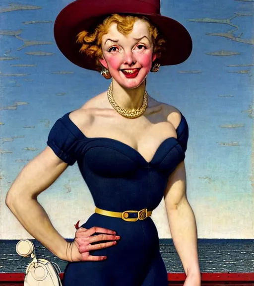 Prompt: a beautiful silicone lady standing on a wharf at the edge of the sea by gil elvgren and william blake and norman rockwell, crisp details, hyperrealism, smiling, happy, feminine facial features, stylish navy blue heels, gold chain belt, cream colored blouse, maroon hat, windblown, holding a leather purse