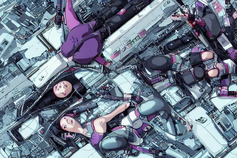 Image similar to a cyberpunk illustration of a group of three female androids in style of masamune shirow, lying on an empty, white floor with their bodies broken scattered rotated in different poses and cables and wires coming out, by yukito kishiro and katsuhiro otomo, hyper-detailed, intricate, view from above